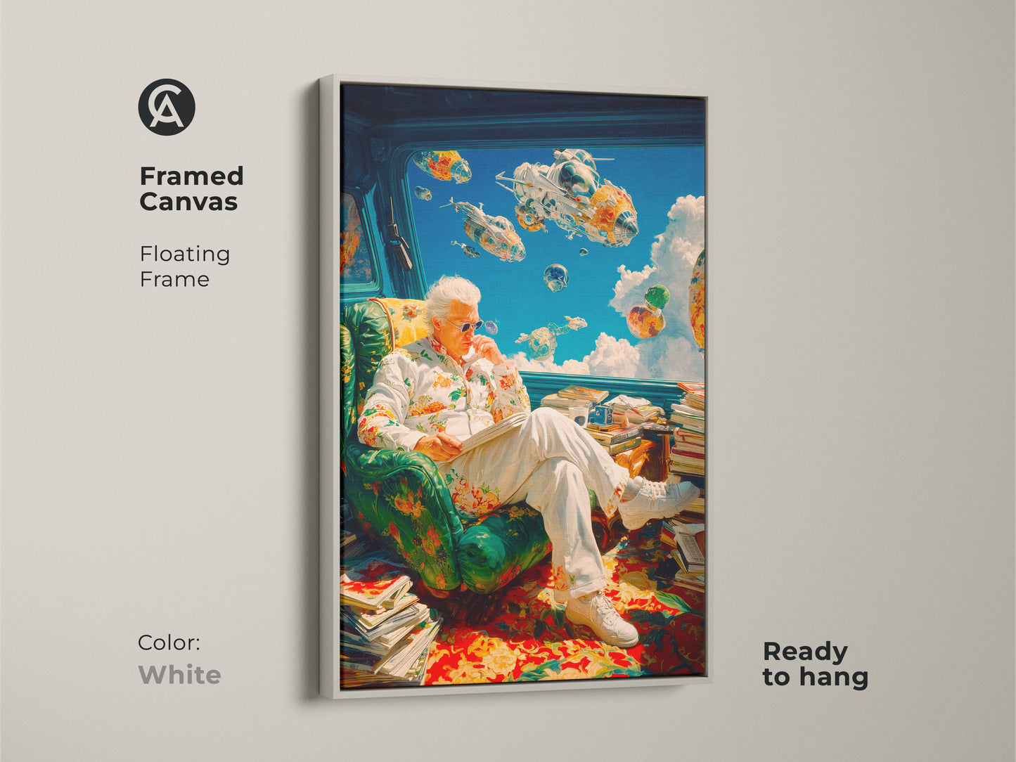 Framed canvas art featuring a man reading in a floral shirt. Spaceships float outside the window creating a surreal scene. The artwork has a white floating frame and is ready to hang. Add this unique piece to your art collection today.
