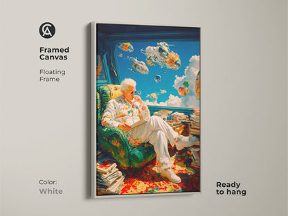 Framed canvas art featuring a man reading in a floral shirt. Spaceships float outside the window creating a surreal scene. The artwork has a white floating frame and is ready to hang. Add this unique piece to your art collection today.