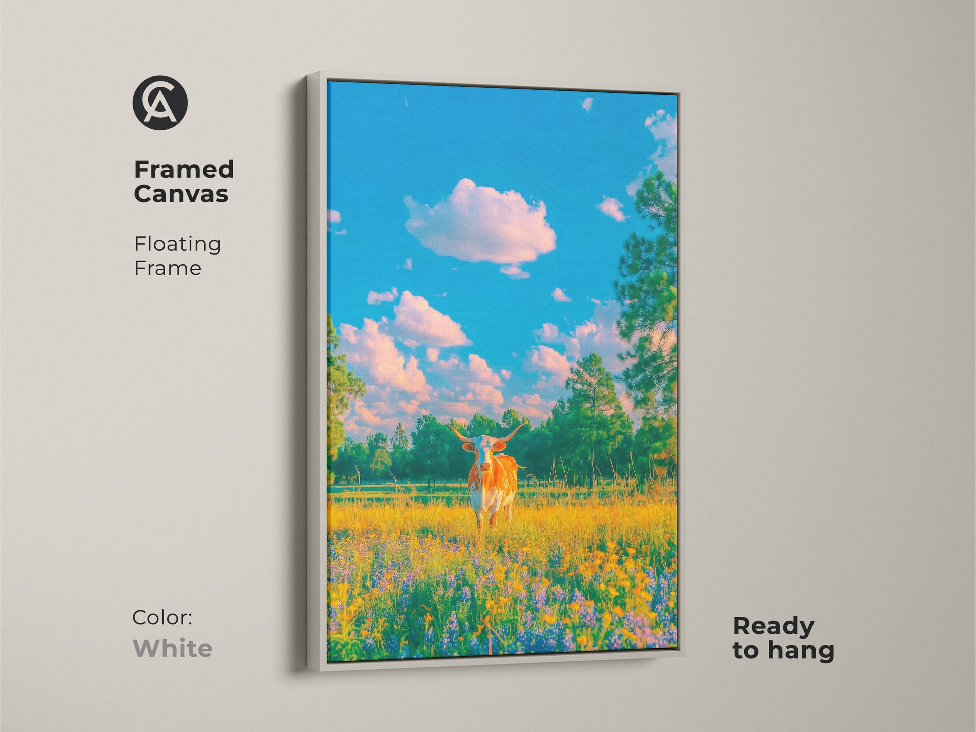This framed canvas art showcases a Longhorn cow in a wildflower meadow. The white floating frame offers a clean modern look. Ready to hang this artwork brings nature indoors. Shop unique framed prints online.