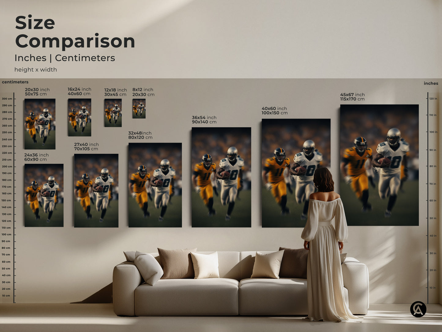 Compare sizes of modern football art for your space. Visualize how this dynamic running back print will look in your home. Perfect for adding a sporty touch to any room or man cave.