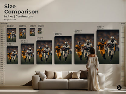 Compare sizes of modern football art for your space. Visualize how this dynamic running back print will look in your home. Perfect for adding a sporty touch to any room or man cave.