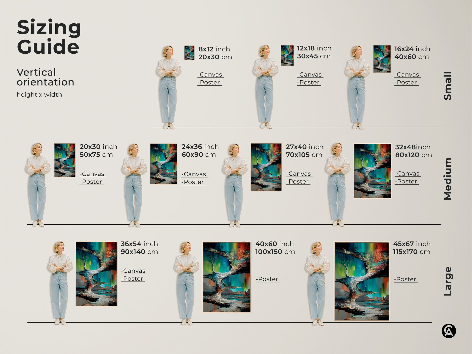 Sizing guide for abstract canvas and poster prints. Find the perfect fit for your space from small to large sizes. Visualize the green teal art in vertical orientation. Enhance your home decor today.