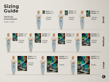 Sizing guide for abstract canvas and poster prints. Find the perfect fit for your space from small to large sizes. Visualize the green teal art in vertical orientation. Enhance your home decor today.