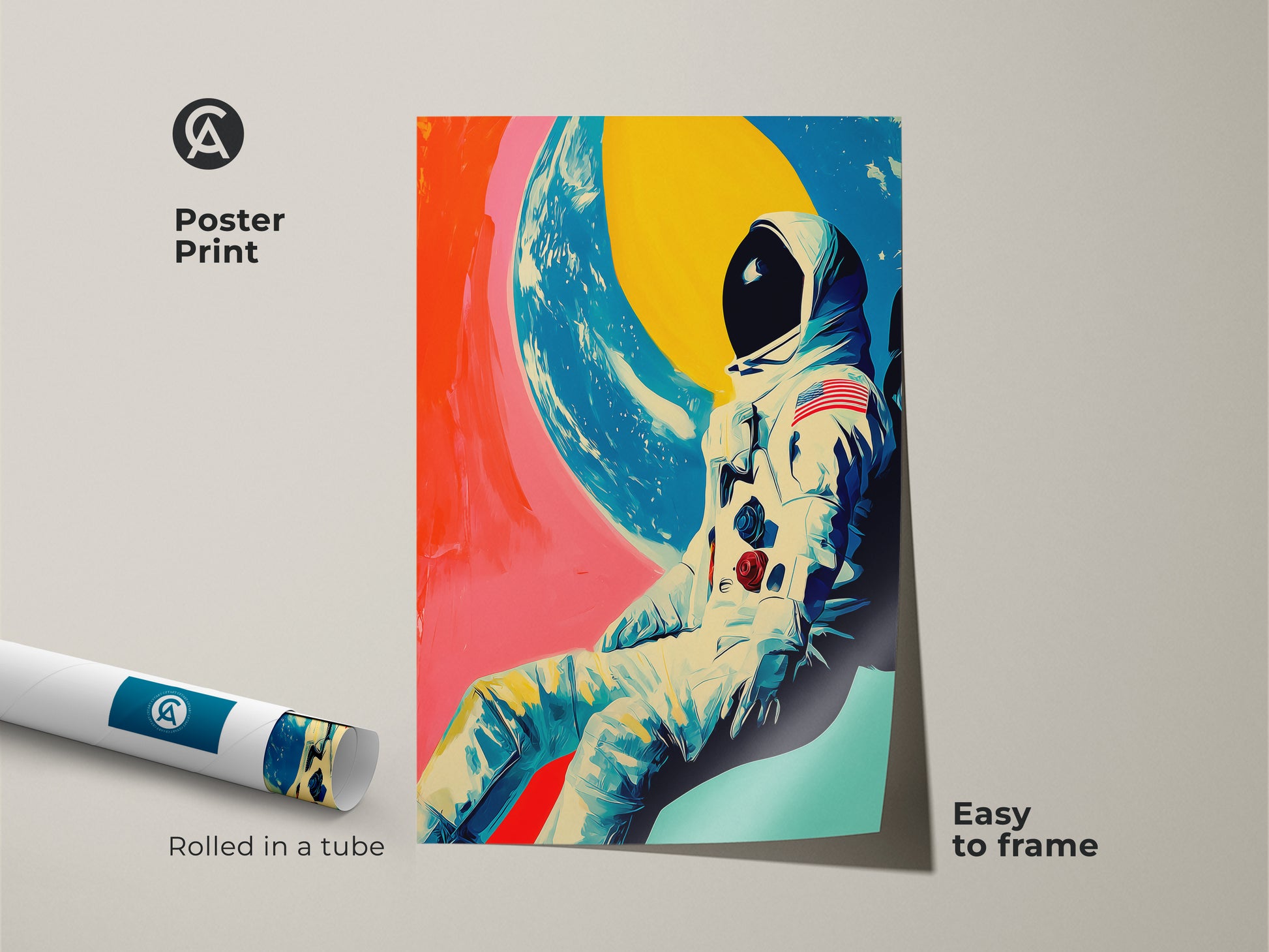 Poster Print of Astronaut Earth View Art. Rolled in a tube this contemporary art print is easy to frame. The bold colors on this cosmic galaxy artwork makes it a unique space theme for a bedroom. It's a perfect astronaut gift.