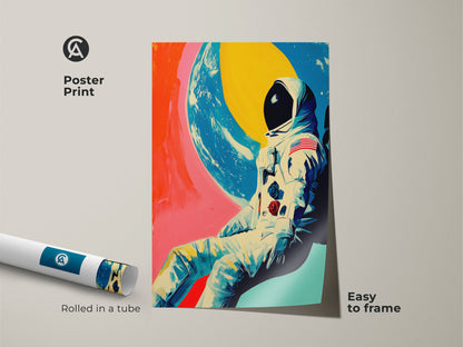 Poster Print of Astronaut Earth View Art. Rolled in a tube this contemporary art print is easy to frame. The bold colors on this cosmic galaxy artwork makes it a unique space theme for a bedroom. It's a perfect astronaut gift.