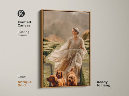 Framed canvas art print with woman and dogs in a garden setting. The antique gold floating frame brings a touch of vintage charm. Beige gold and olive green palette makes it a great anniversary gift. Ready to hang for easy decor.