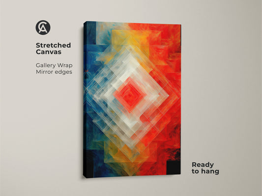 Stretched canvas showcasing Geometric Abstract Wall Art. The gallery wrap has mirrored edges. A layered diamond shapes art with red blue orange tones. Modern abstract artwork is ready to hang. Contemporary geometric decor brings modern energy to any space.
