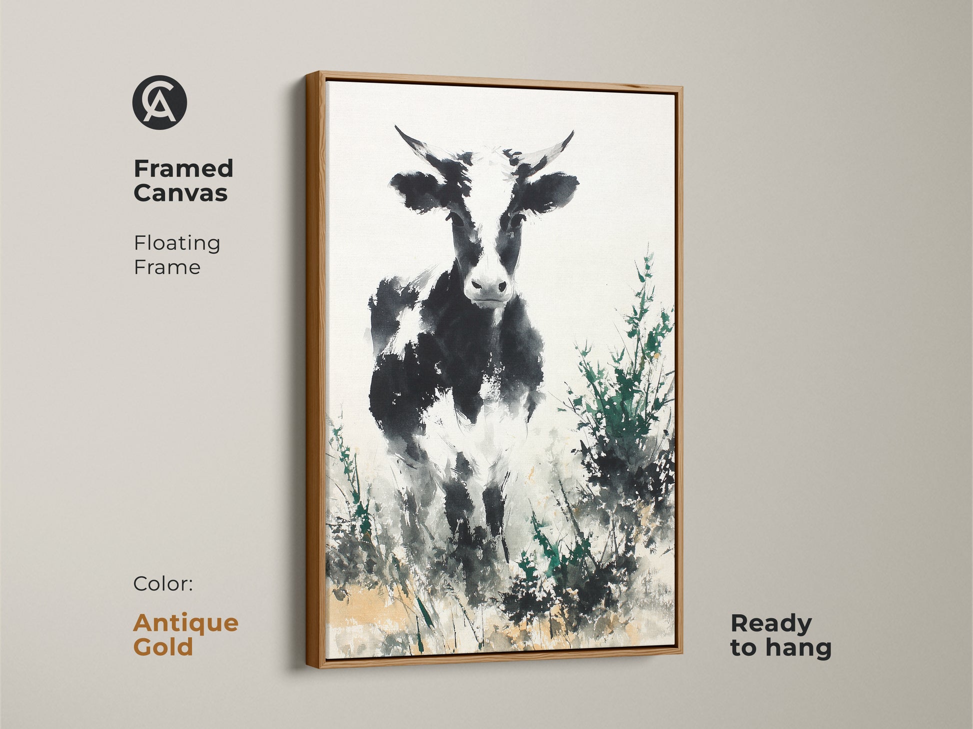 Antique gold framed canvas featuring a black and white cow. This floating frame animal art is ready to hang. The painting has a contemporary style. The artwork can elevate any living space. Consider this for your home decor
