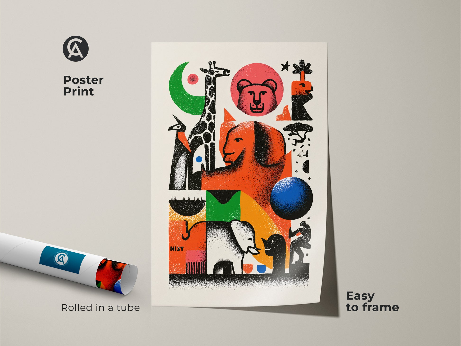 Poster print of abstract animal artwork. This retro animal print features a giraffe and elephant. This colorful animal illustration is easy to frame. The mid century modern poster is rolled in a tube. The vintage style poster print is art for eclectic spaces. It is a unique abstract artwork.