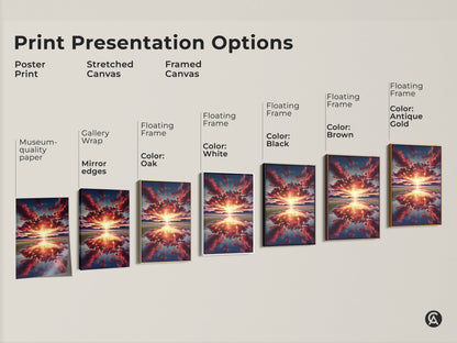 Print presentation options include poster print stretched canvas and framed canvas. Each features museum-quality paper gallery wrap mirror edges and floating frames in various colors.