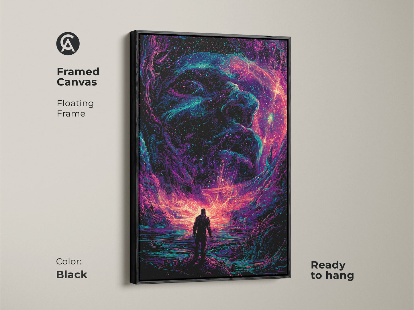 Framed canvas with a floating frame showcasing galaxy artwork. The art has a figure looking at a cosmic face. The black frame adds a modern touch. Arrives ready to hang. Elevate your decor with this stunning piece.