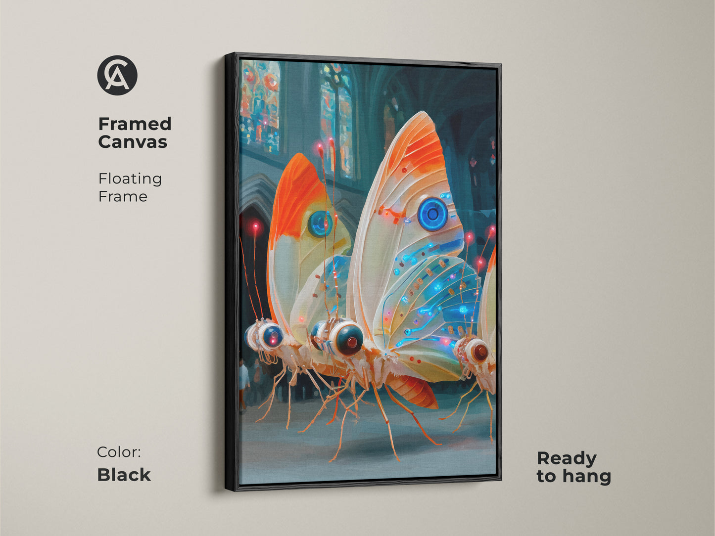 This cyberpunk butterfly artwork is framed and ready to hang. The canvas features a floating frame in black. This electric blue orange teal art is perfect for sci-fi art lovers. The surrealism canvas print makes a unique wall hanging. It's a great eclectic art for sale.