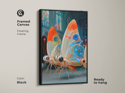 This cyberpunk butterfly artwork is framed and ready to hang. The canvas features a floating frame in black. This electric blue orange teal art is perfect for sci-fi art lovers. The surrealism canvas print makes a unique wall hanging. It's a great eclectic art for sale.