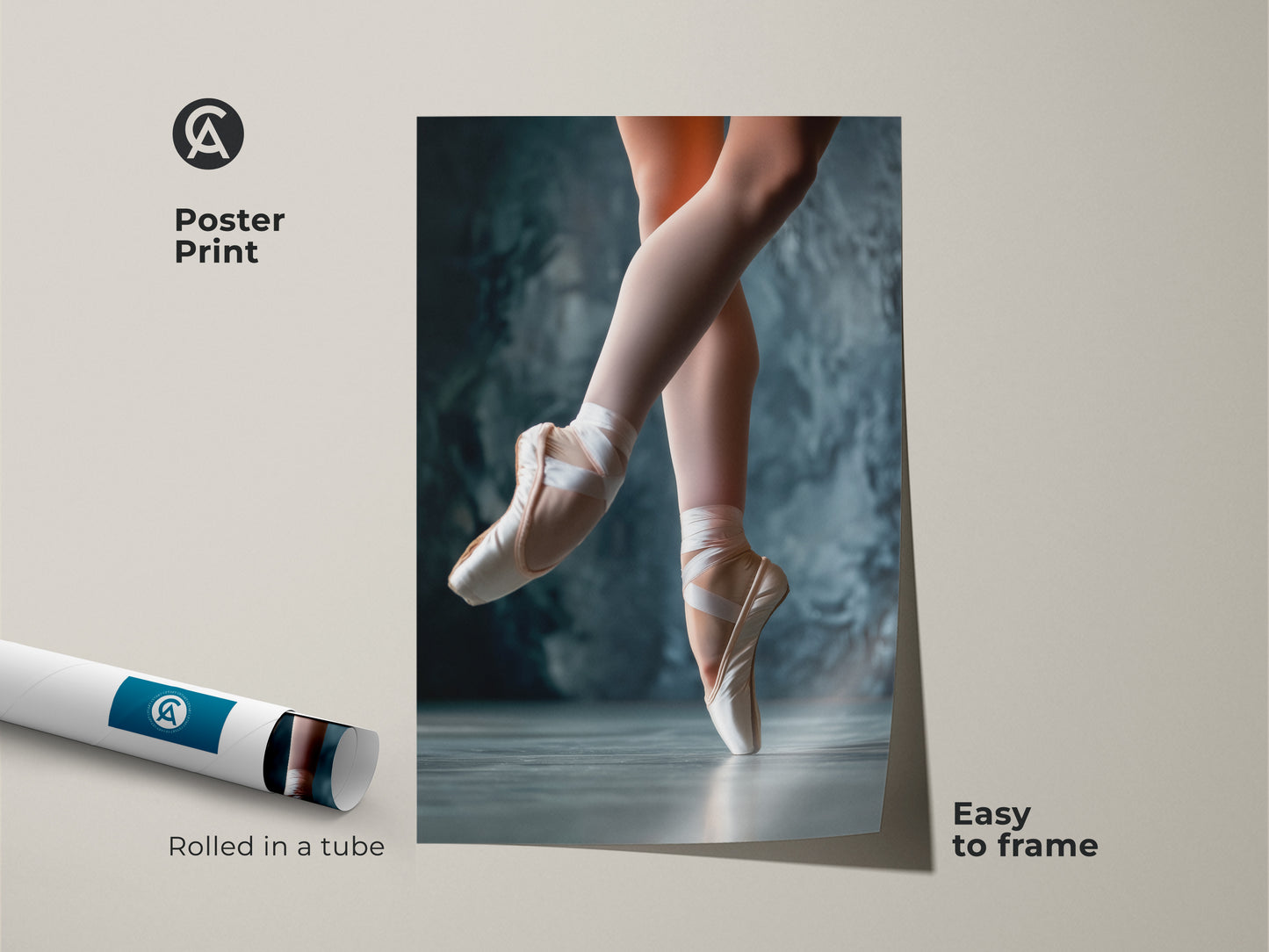 Poster print of a ballerina en pointe. The rolled art print is easy to frame. This ballet artwork captures the dancer's grace. A perfect gift for ballet enthusiasts. The ballerina art is printed on high-quality paper. A beautiful ballet poster.