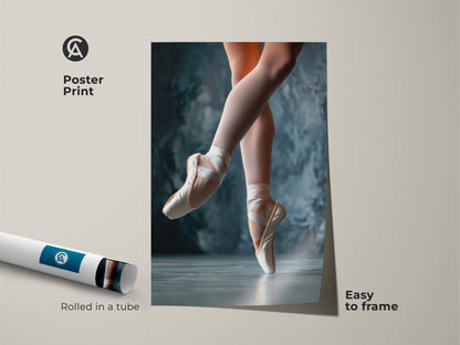 Poster print of a ballerina en pointe. The rolled art print is easy to frame. This ballet artwork captures the dancer's grace. A perfect gift for ballet enthusiasts. The ballerina art is printed on high-quality paper. A beautiful ballet poster.