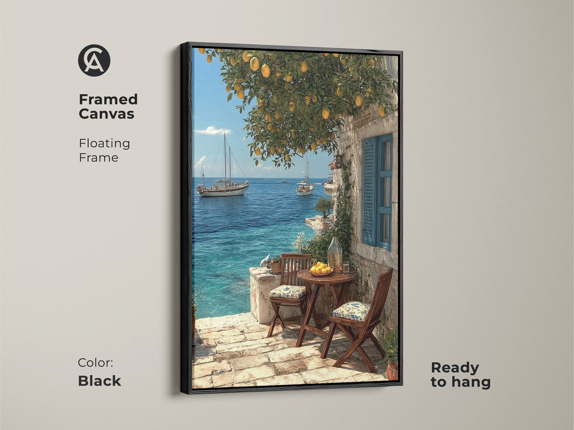 Framed in black this canvas art print showcases a Mediterranean coastal scene. Sailboats are visible on the blue sea beneath a lemon tree. The floating frame adds elegance. Ready to hang this piece is perfect for coastal living room art. It is a beautiful housewarming gift art.