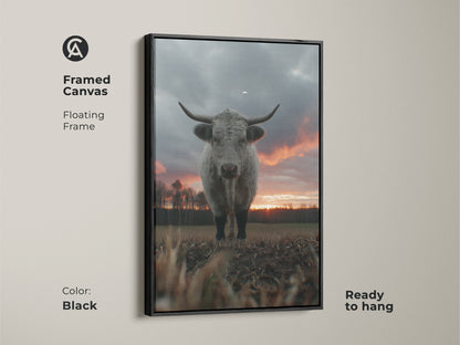 Framed canvas art featuring a Highland cow. The black floating frame enhances this farmhouse sunset landscape. Ready to hang animal wall decor adds rustic charm to any room. A great gift for those who love country living and nature. Soft grey cow art.