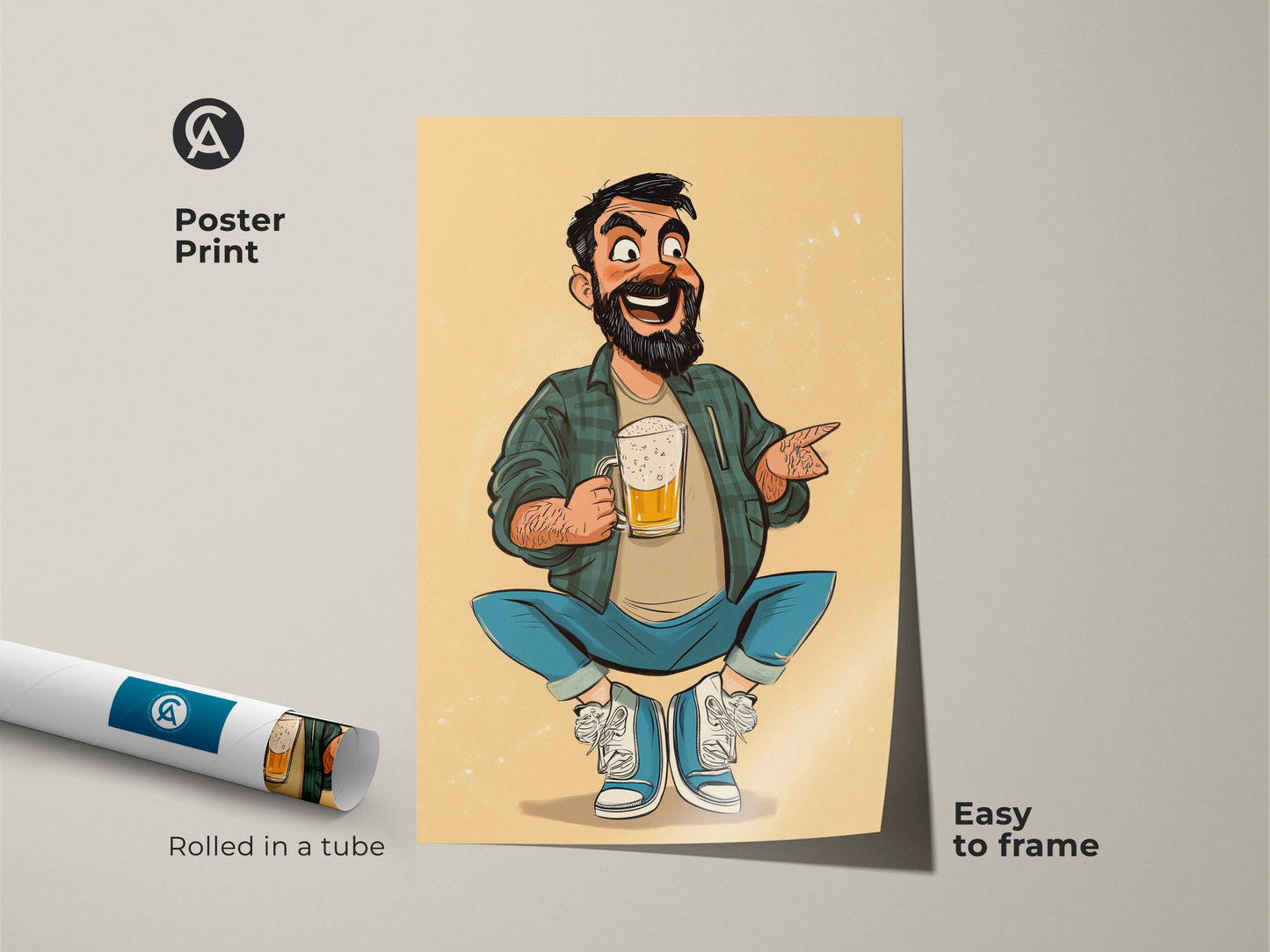 Poster print of cartoon art featuring a man enjoying a beer. Funny beer lover gift rolled in a tube for easy framing. Add this pub and bar area art to your eclectic home. This fathers day gift is unique.