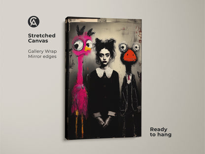 Stretched canvas print of surreal wall art. This gallery wrapped canvas features a pink flamingo and ostrich character. It is ready to hang. This is perfect for eclectic or modern decor. This whimsical artwork is a great gift for art lovers. The black white and pink colors add a unique touch.