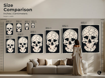 Size comparison of gothic cracked skull artwork inches and centimeters. Visualize the scale with models and furniture. Ideal macabre skull canvas art for any room. Find the perfect fit for your dark academia Halloween or eclectic gothic space.