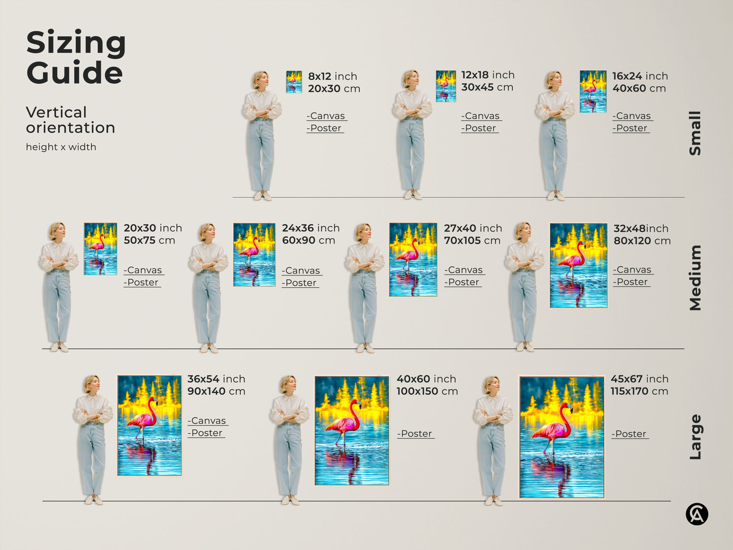 Sizing guide for vertical tropical flamingo canvas and poster art. Available in small medium and large sizes. Find the perfect fit for your space. The artwork features a pink flamingo in blue water with yellow pine trees. Ideal eclectic decor.
