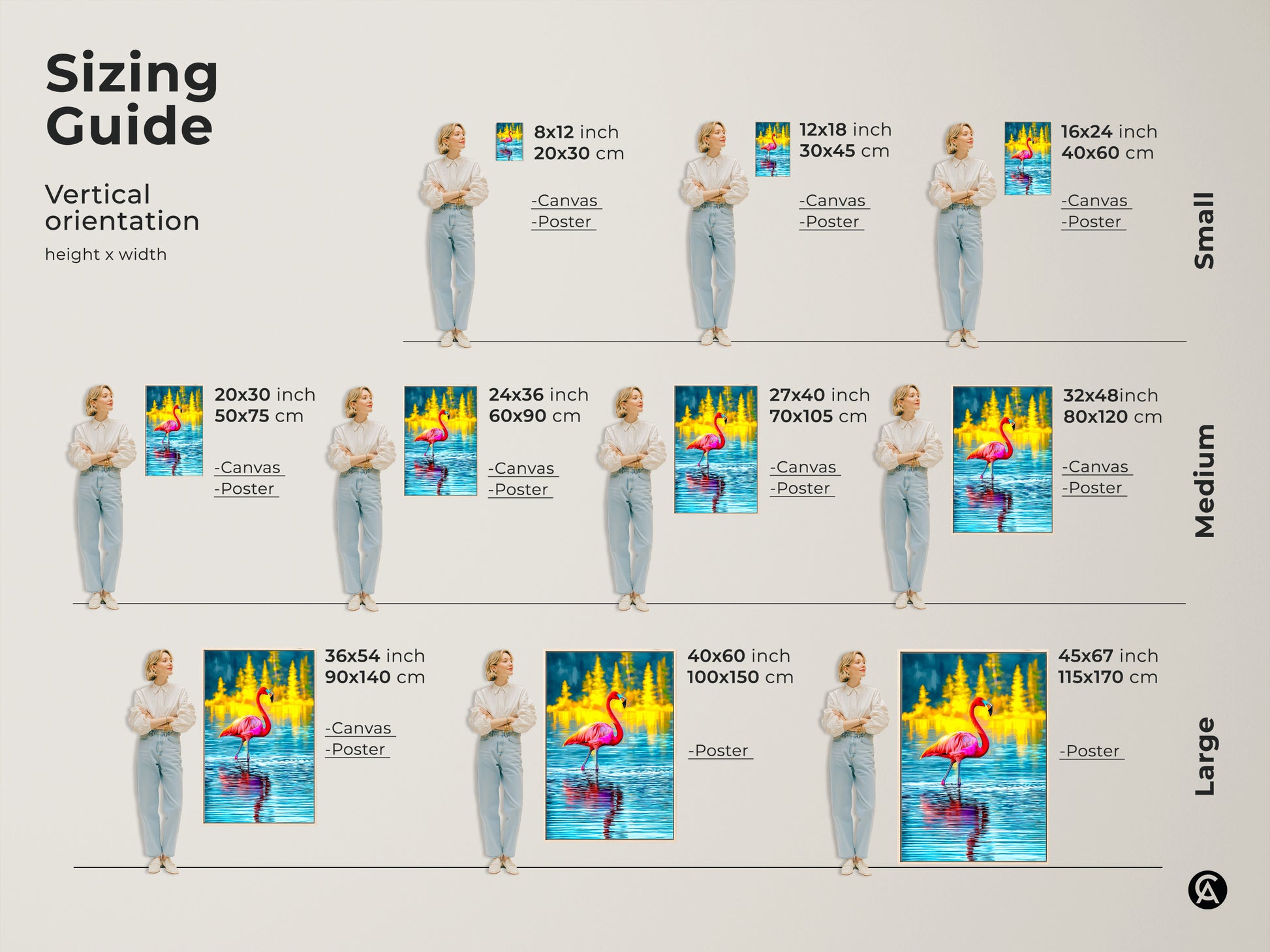 Sizing guide for vertical tropical flamingo canvas and poster art. Available in small medium and large sizes. Find the perfect fit for your space. The artwork features a pink flamingo in blue water with yellow pine trees. Ideal eclectic decor.