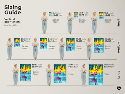 Sizing guide for vertical tropical flamingo canvas and poster art. Available in small medium and large sizes. Find the perfect fit for your space. The artwork features a pink flamingo in blue water with yellow pine trees. Ideal eclectic decor.