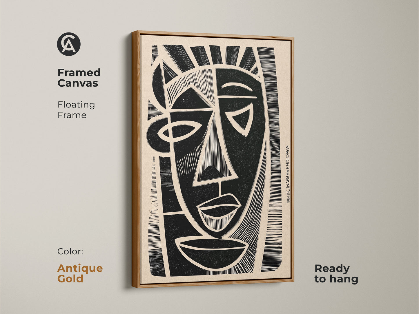 A framed canvas art in antique gold color. The floating frame enhances the cubist portrait canvas art. It's a ready-to-hang piece. This face motif wall decor is ideal for eclectic home decor and art enthusiasts.