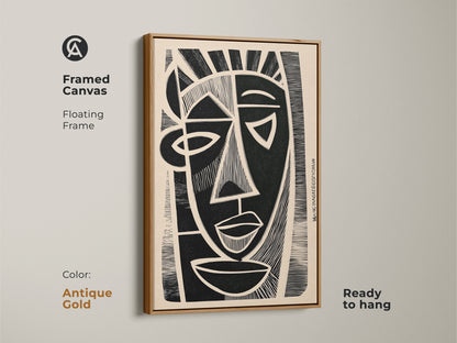 A framed canvas art in antique gold color. The floating frame enhances the cubist portrait canvas art. It's a ready-to-hang piece. This face motif wall decor is ideal for eclectic home decor and art enthusiasts.