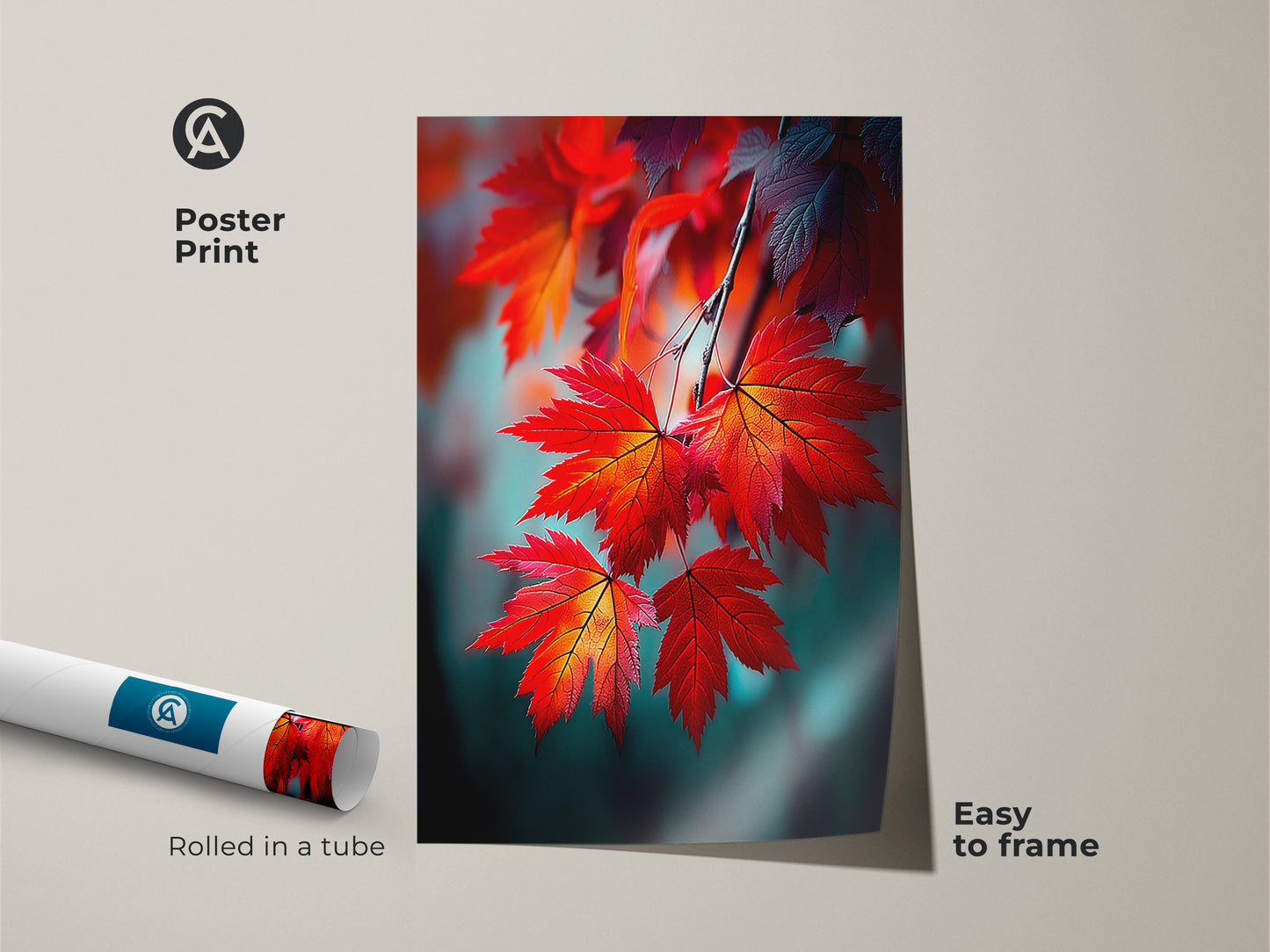 This poster print features a close-up of beautiful red maple leaves. The easy-to-frame art print is a great option for wall decor. This vibrant piece captures the essence of autumn's beauty for any art lover.
