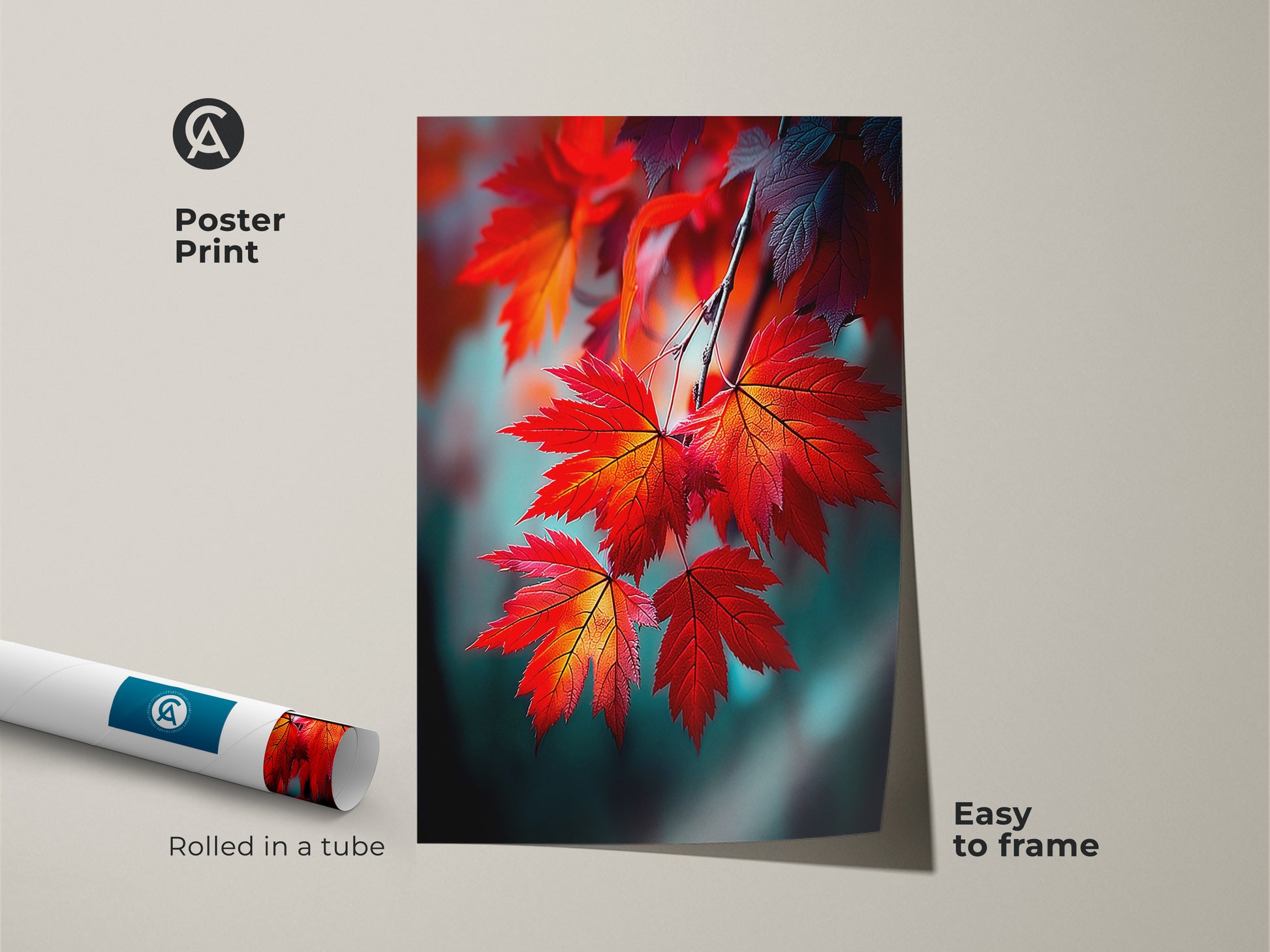 This poster print features a close-up of beautiful red maple leaves. The easy-to-frame art print is a great option for wall decor. This vibrant piece captures the essence of autumn's beauty for any art lover.