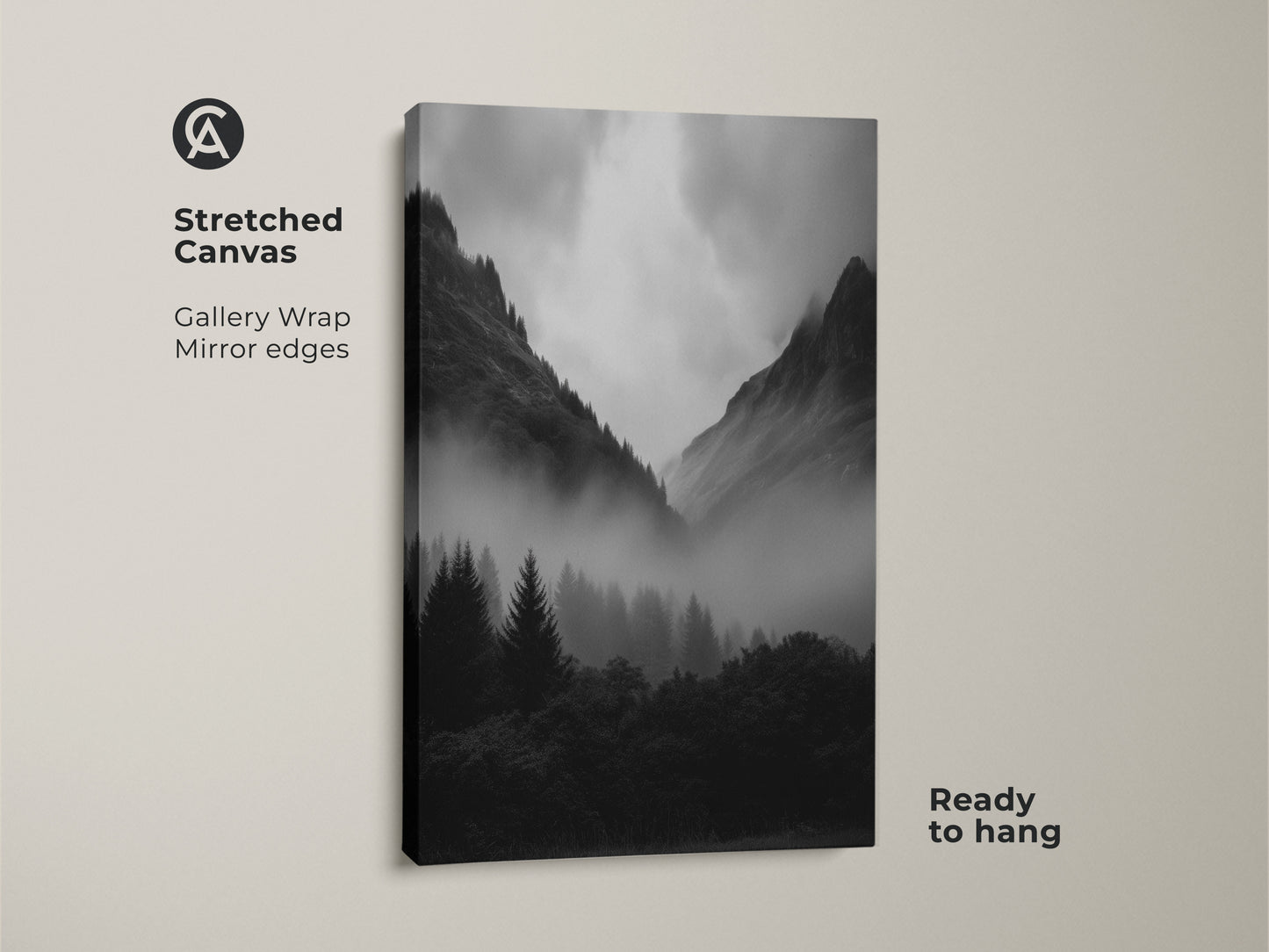 A stretched canvas featuring a monochrome forest landscape. Black and white mountain artwork provides modern nature decor. Misty pine trees create an atmospheric mountain view. This fine art nature print is ready to hang.