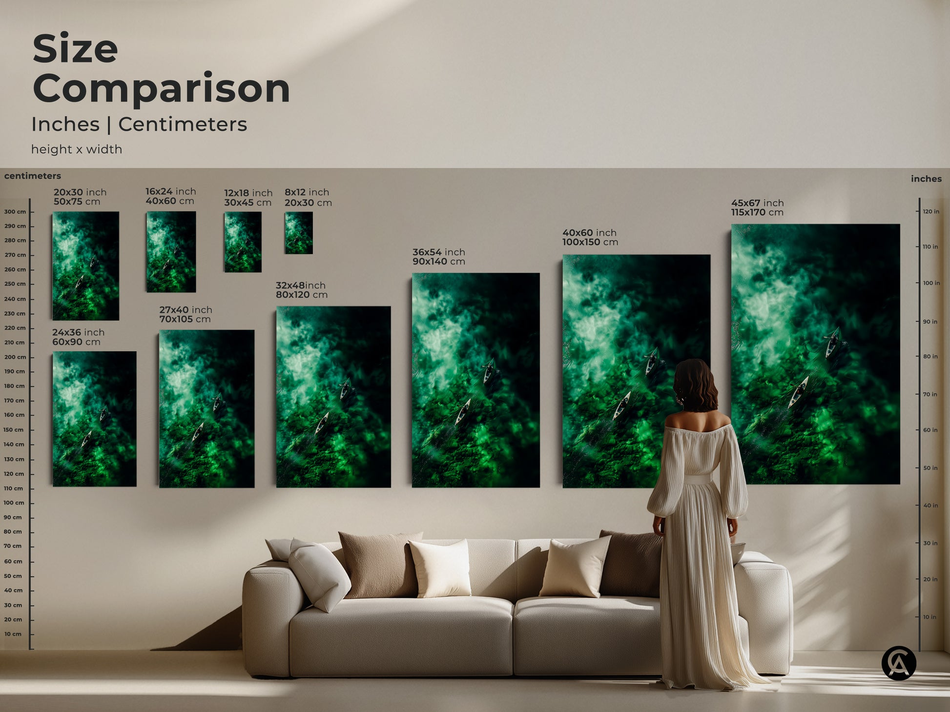 Compare sizes of canoe artwork in inches and centimeters. See how canvas and poster prints from 20x30 to 45x67 inches fit in a living room. Visualize the impact of different sizes on your wall decor. Choose the perfect dimensions for your serene art piece.