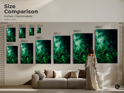 Compare sizes of canoe artwork in inches and centimeters. See how canvas and poster prints from 20x30 to 45x67 inches fit in a living room. Visualize the impact of different sizes on your wall decor. Choose the perfect dimensions for your serene art piece.