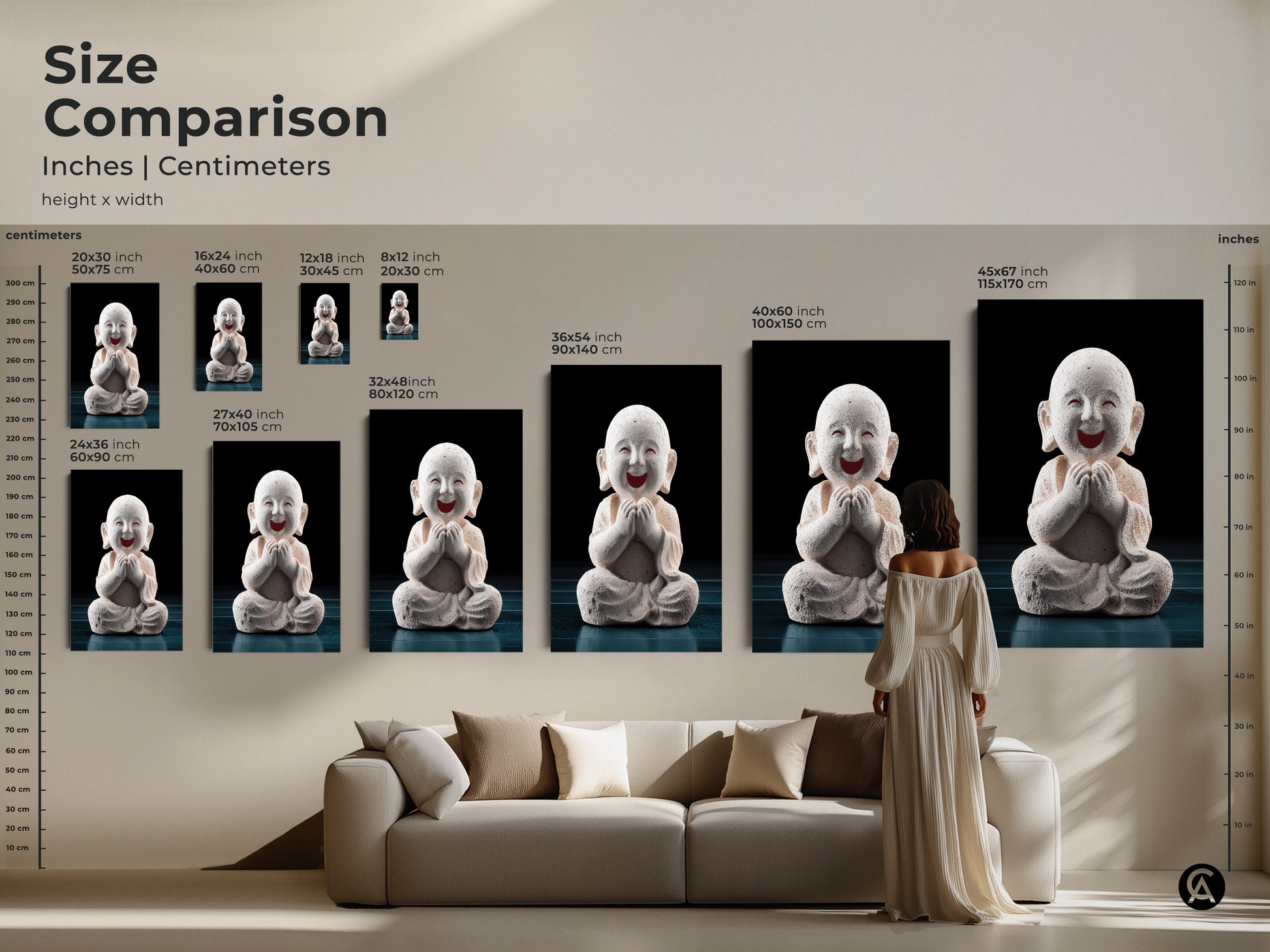 Size comparison of minimalist Buddha art. Visualize dimensions in inches and centimeters. Artwork ranges from small to large sizes perfect for any room. Enhance your home with zen monk canvas.