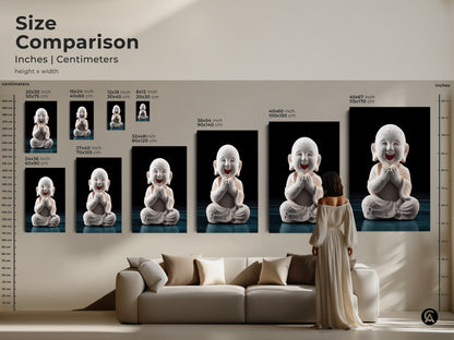 Size comparison of minimalist Buddha art. Visualize dimensions in inches and centimeters. Artwork ranges from small to large sizes perfect for any room. Enhance your home with zen monk canvas.