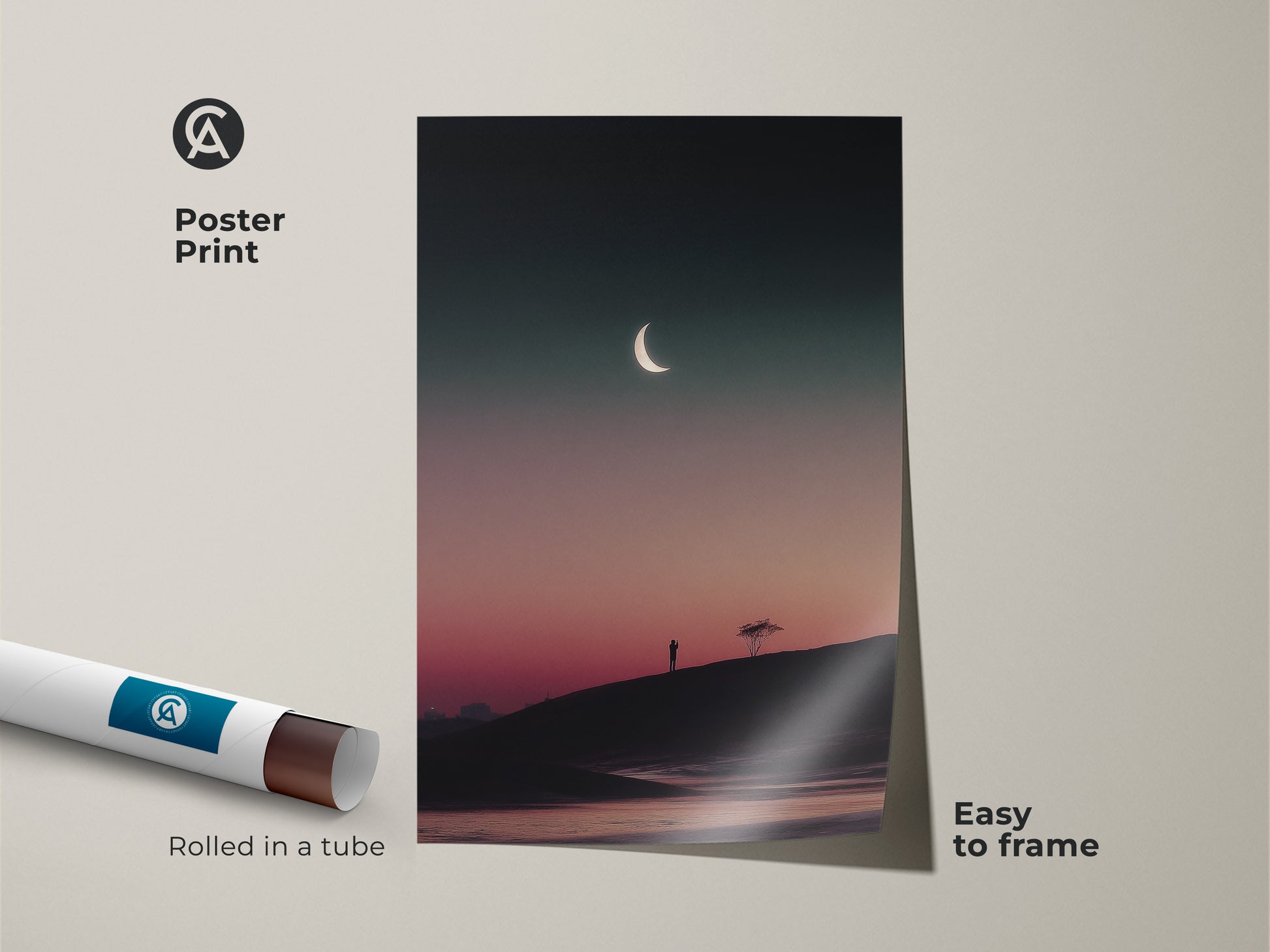 Minimalist landscape print of dark teal celestial art. This poster print showcases a pink gradient canvas. It features a tree silhouette art piece perfect for bedroom wall decor. Easy to frame for a contemporary touch.