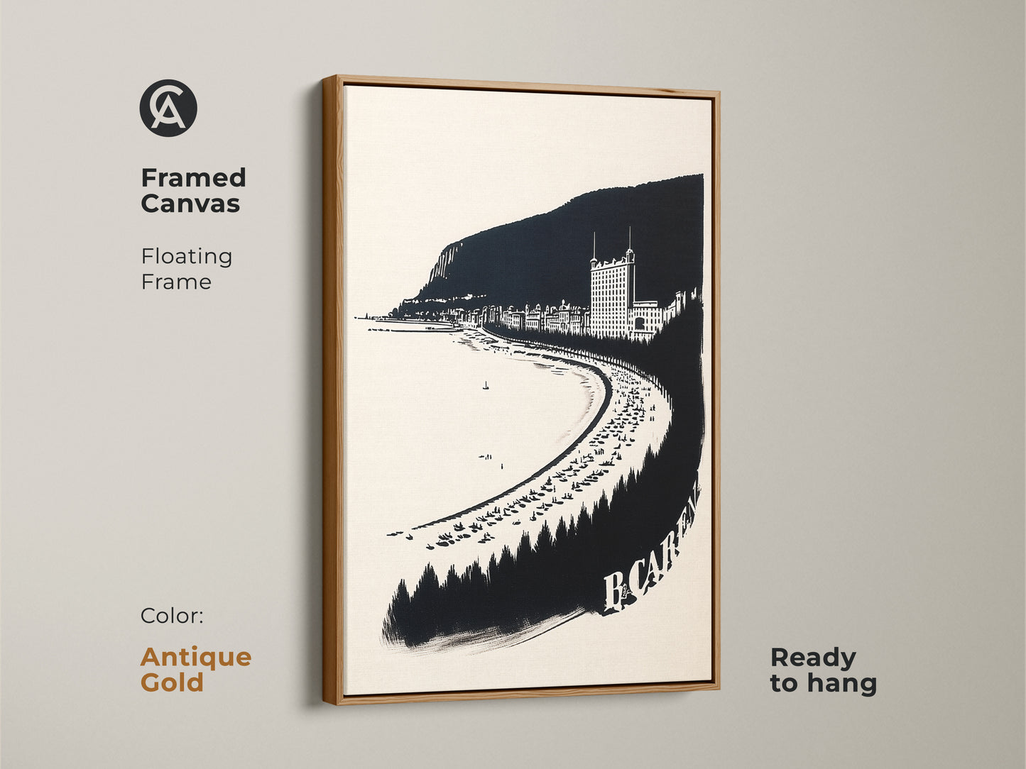 Framed canvas of a vintage coastal town. The monochrome seaside town is a neutral beach artwork print ready to hang. Features a floating frame with antique gold color.