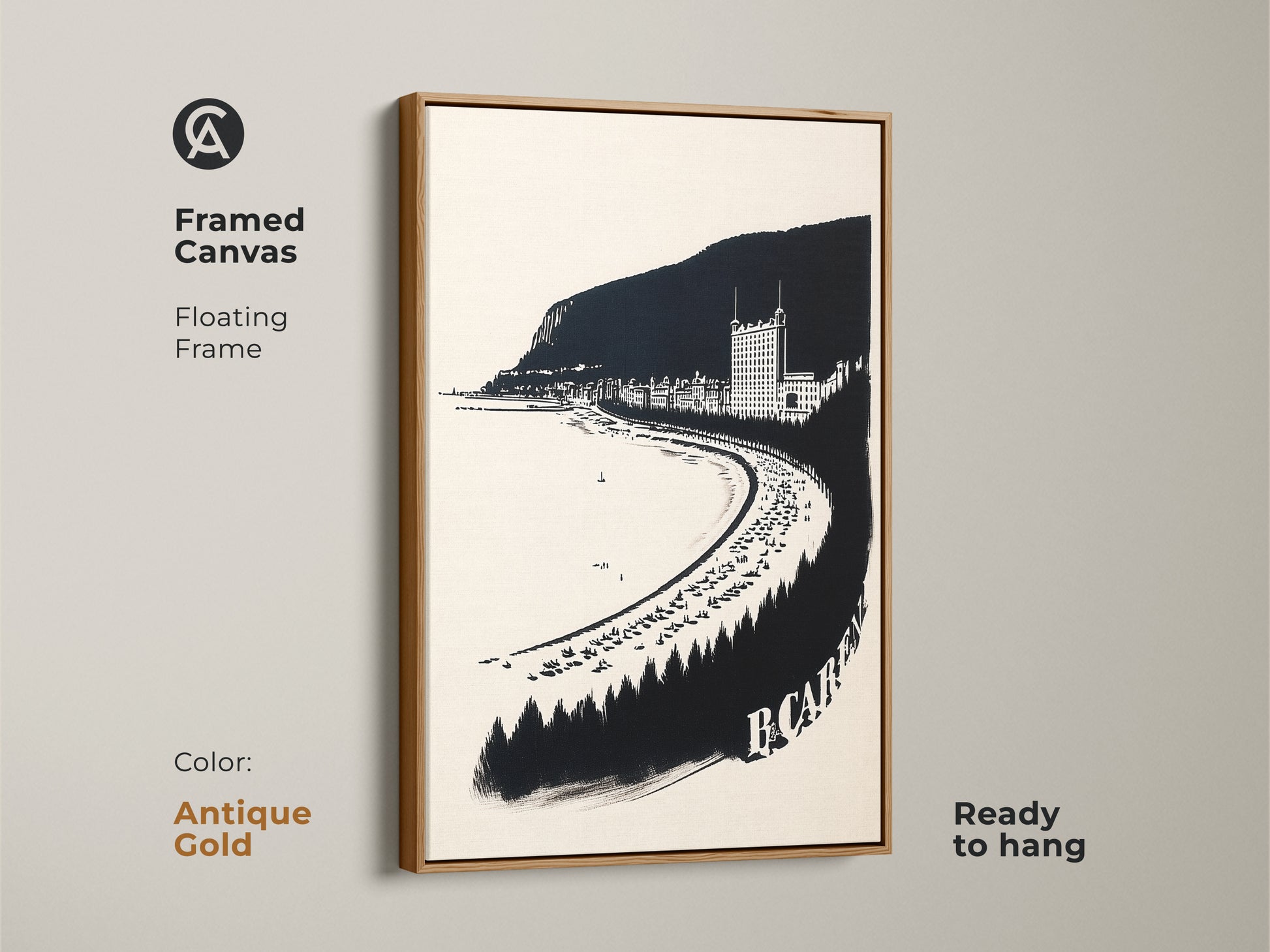 Framed canvas of a vintage coastal town. The monochrome seaside town is a neutral beach artwork print ready to hang. Features a floating frame with antique gold color.