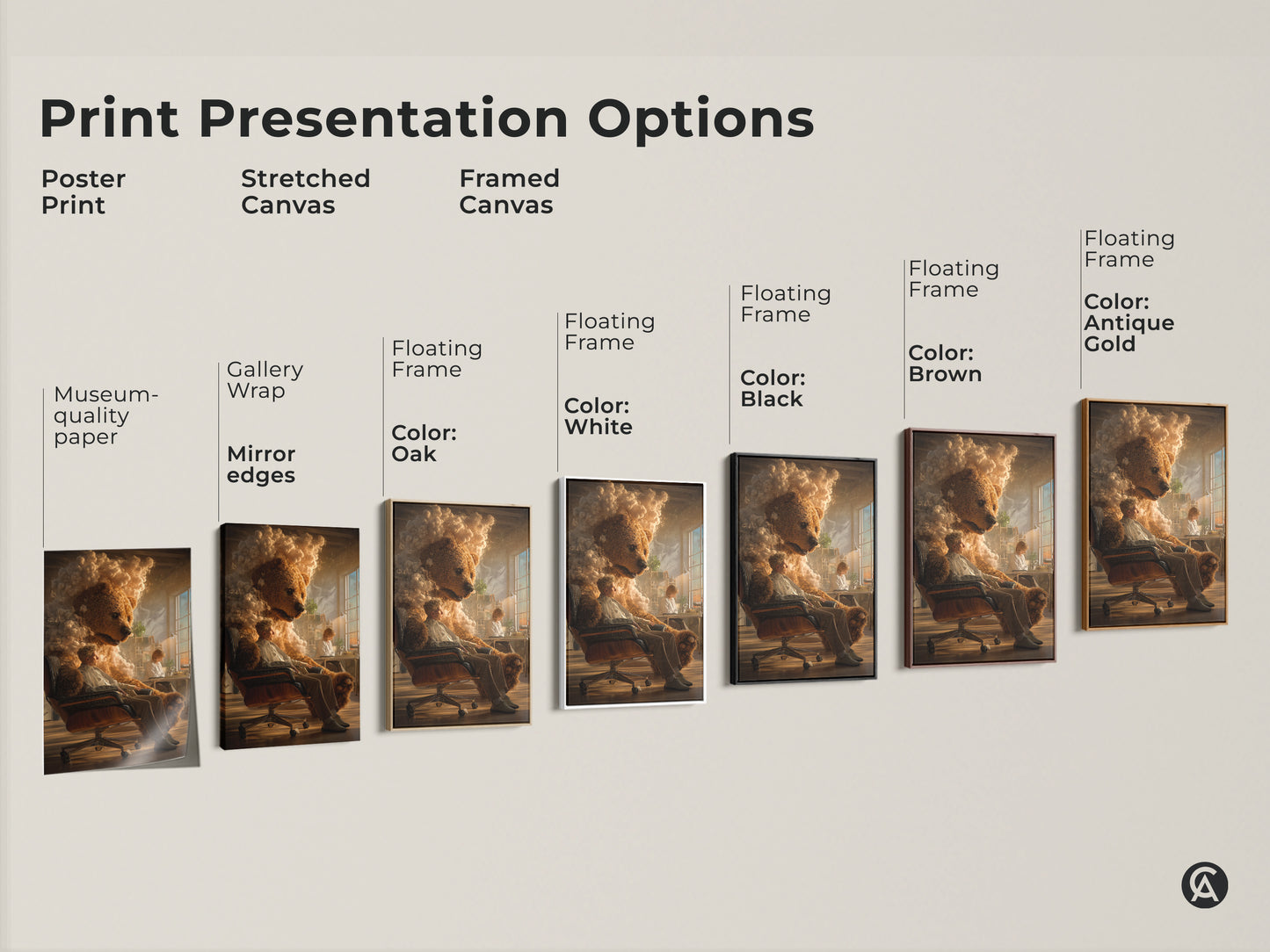 Print presentation options for surreal bear man artwork. Choose from poster stretched or framed canvas. Various frame colors like black brown oak and antique gold available. Find the perfect art for your decor needs.