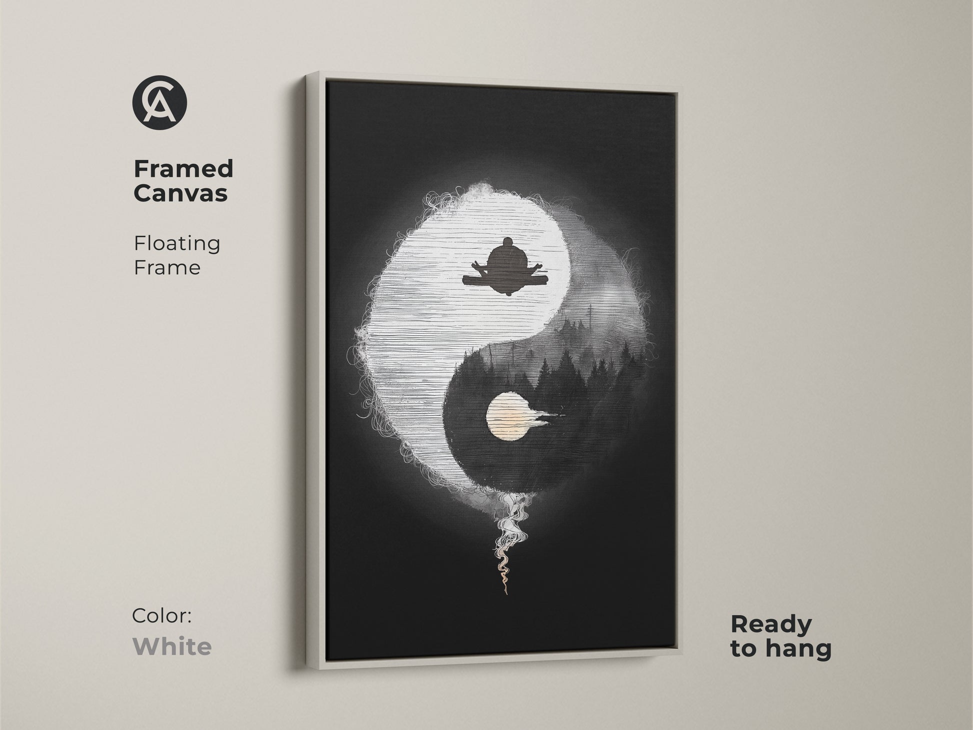 Framed Canvas of Abstract Yin Yang Zen art in white. This minimalist spiritual artwork features a meditating figure and forest silhouette. The black and white yoga decor is ready to hang. Floating frame enhances this mindful living art.