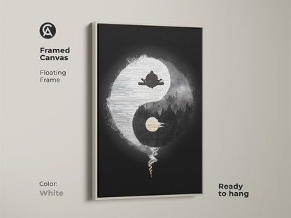 Framed Canvas of Abstract Yin Yang Zen art in white. This minimalist spiritual artwork features a meditating figure and forest silhouette. The black and white yoga decor is ready to hang. Floating frame enhances this mindful living art.