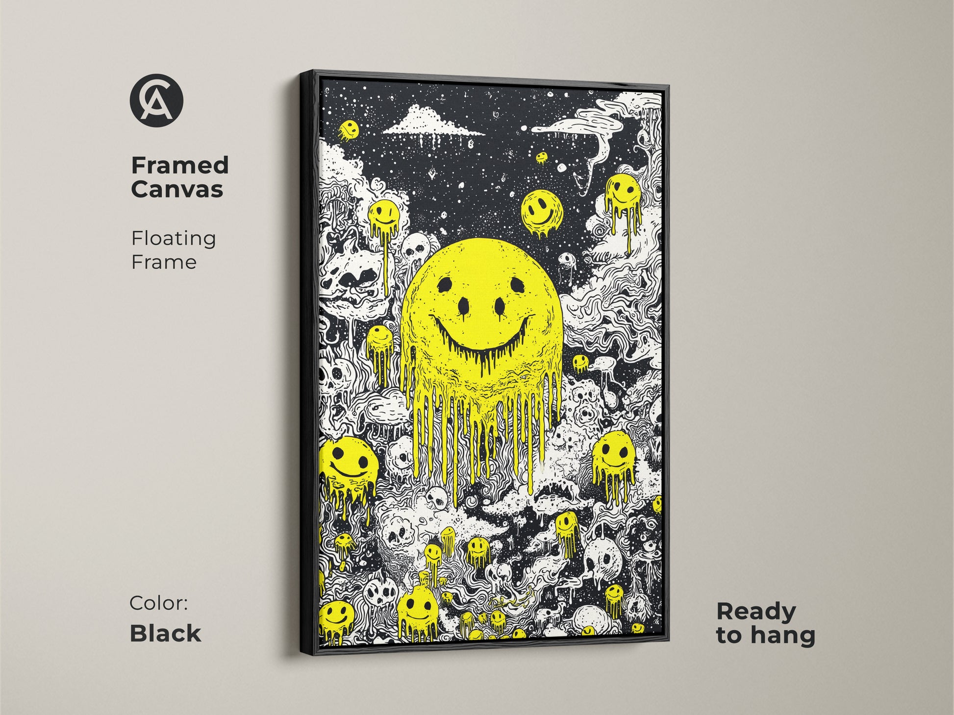 Framed canvas with a floating frame features melting smiley faces and skulls. The frame is black. This ready-to-hang artwork adds a modern touch to any room. The contrast of black and white with the yellow smiley face makes a bold statement. Perfect for contemporary art lovers.