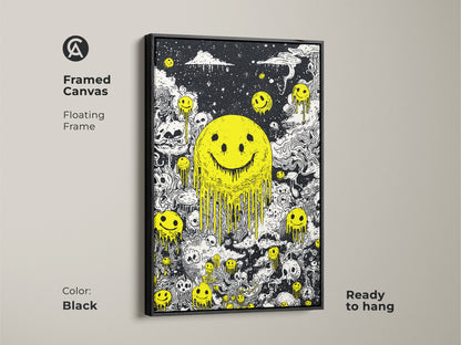 Framed canvas with a floating frame features melting smiley faces and skulls. The frame is black. This ready-to-hang artwork adds a modern touch to any room. The contrast of black and white with the yellow smiley face makes a bold statement. Perfect for contemporary art lovers.
