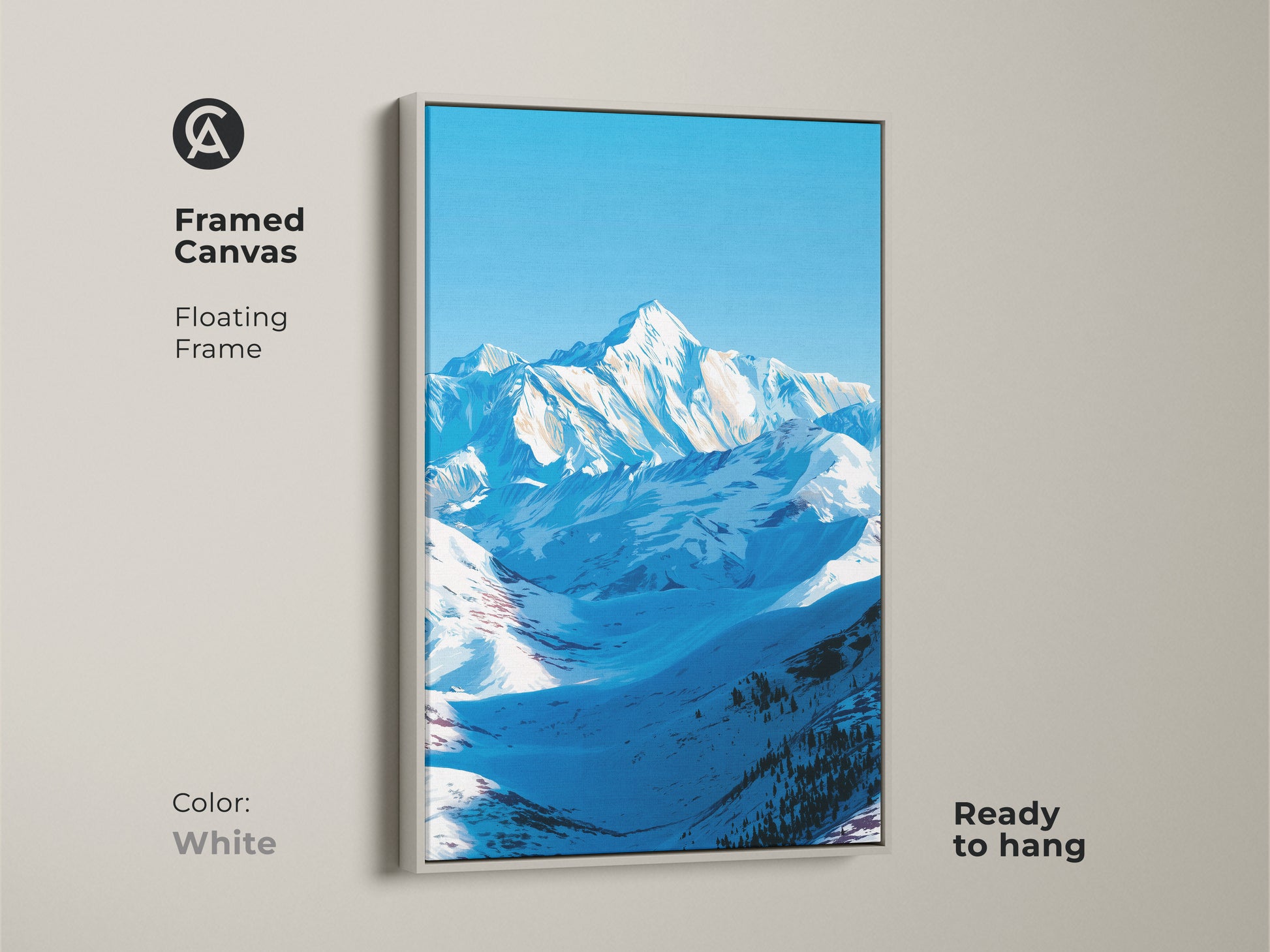 A framed canvas features a floating frame in white showcasing a snowy mountain landscape. This ready-to-hang nature artwork brings serene alpine scenery indoors. The blue sky mountain art is perfect for minimalist home decor styles. It makes a thoughtful gift for outdoor enthusiasts and hikers.