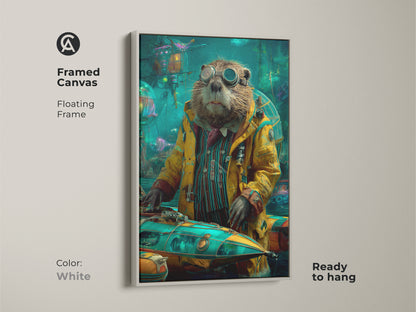 This framed steampunk otter canvas adds an eclectic touch to any room. The white floating frame complements the yellow teal artwork. This unique office decor is ready to hang. The animal art is a whimsical wall addition.