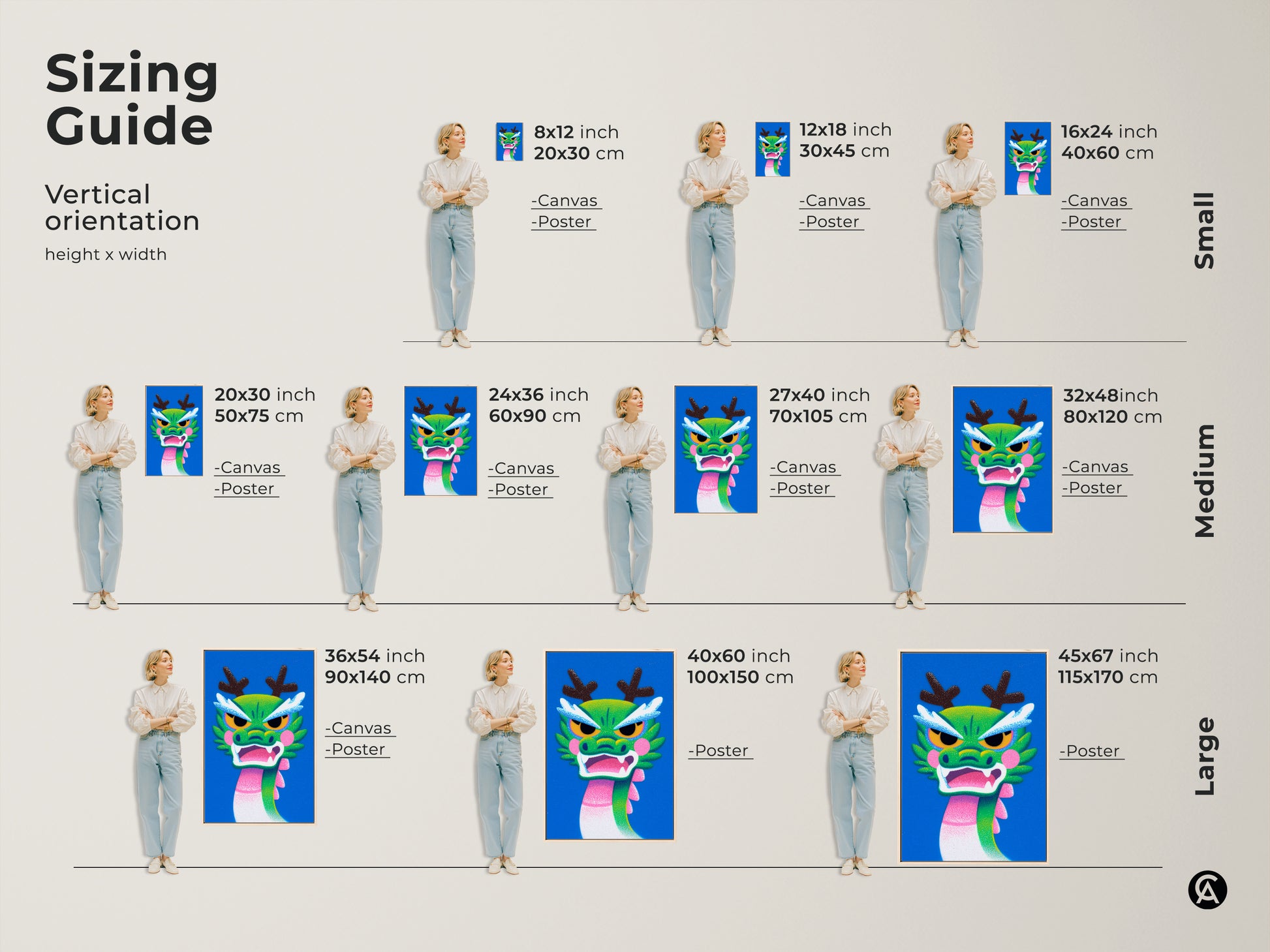 Sizing guide for Cartoon Dragon art prints. Available in small medium and large sizes. Options include canvas and poster. Perfect green pink and blue mythical creature decor.