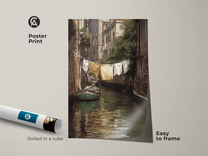 Poster print of a Venetian canal scene with a boat and laundry. This impressionistic cityscape wall art is easy to frame. Rolled in a tube this traditional European decor brings classic charm to your home. Ideal art print for travel lovers seeking fine art.