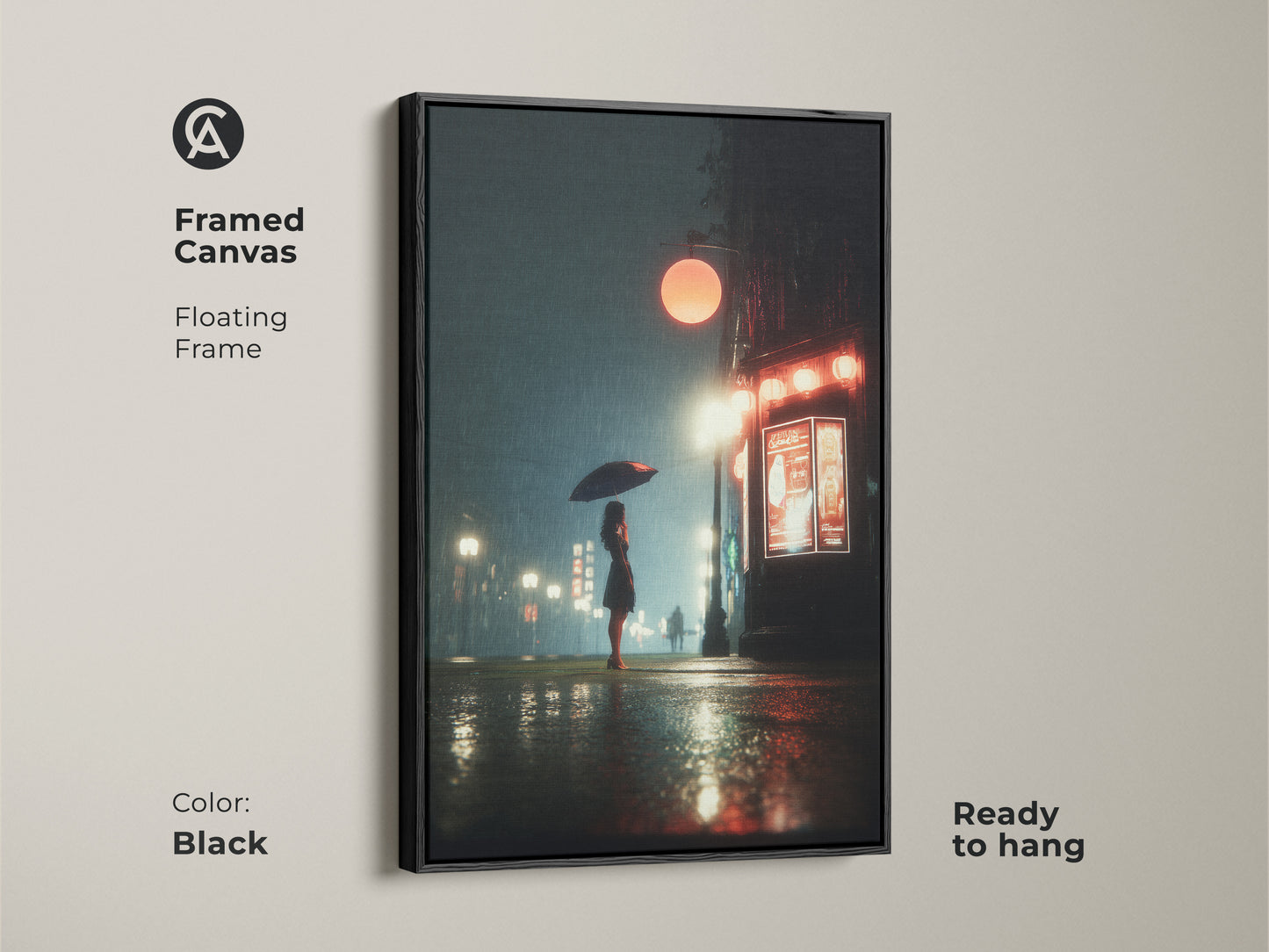 Framed canvas of a deep blue orange cityscape. The black floating frame enhances the artwork. It shows a woman with an umbrella in the rain. Ready to hang for easy installation. Adds a sophisticated contemporary touch to any room.
