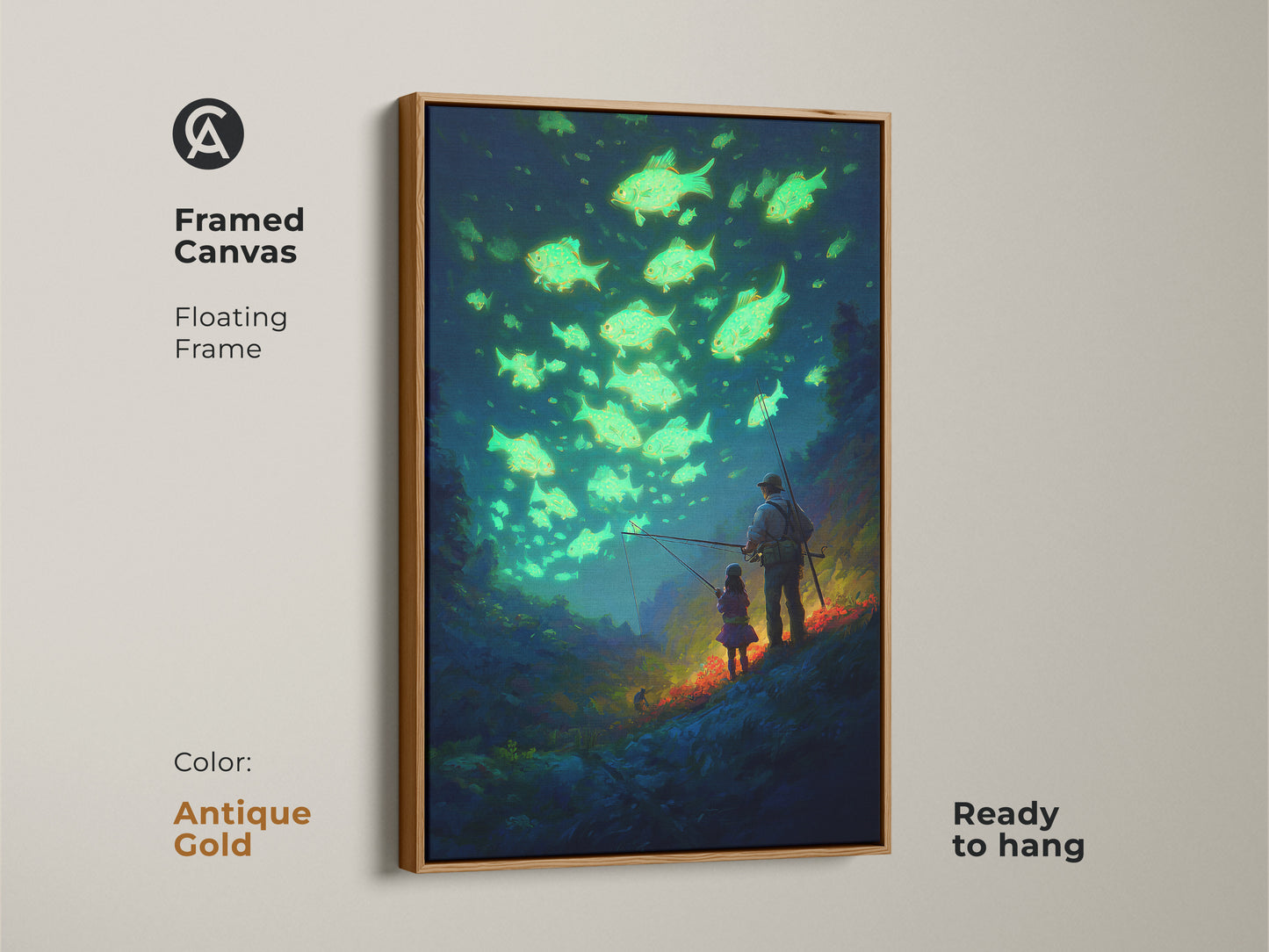 Antique gold framed canvas featuring a father daughter fishing scene. The teal blue surrealism print adds a touch of elegance. This glowing fish canvas art is ready to hang.